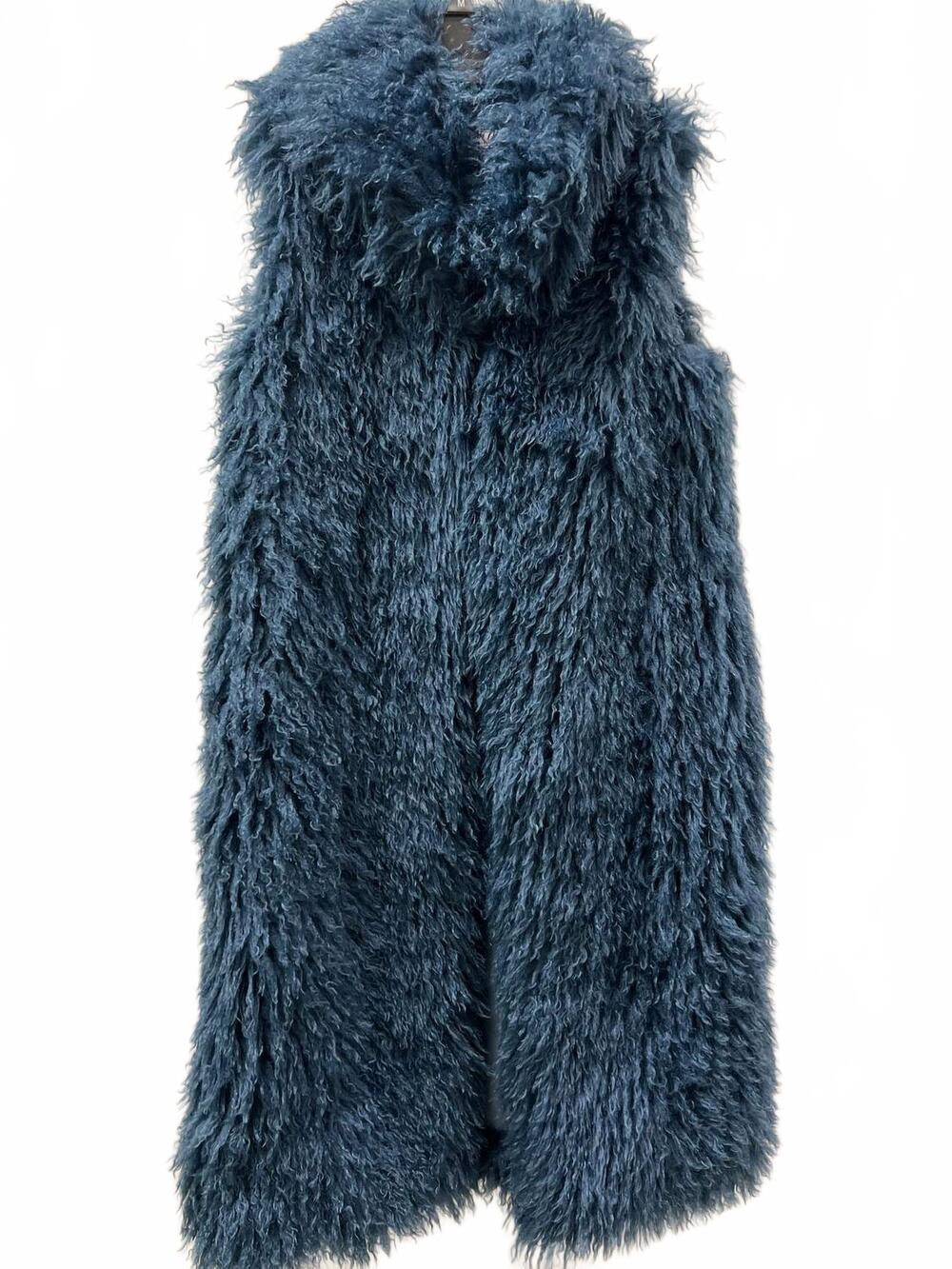 NEW WONDERFUL & YOUNG women's mongolian fur long vest in denim blue